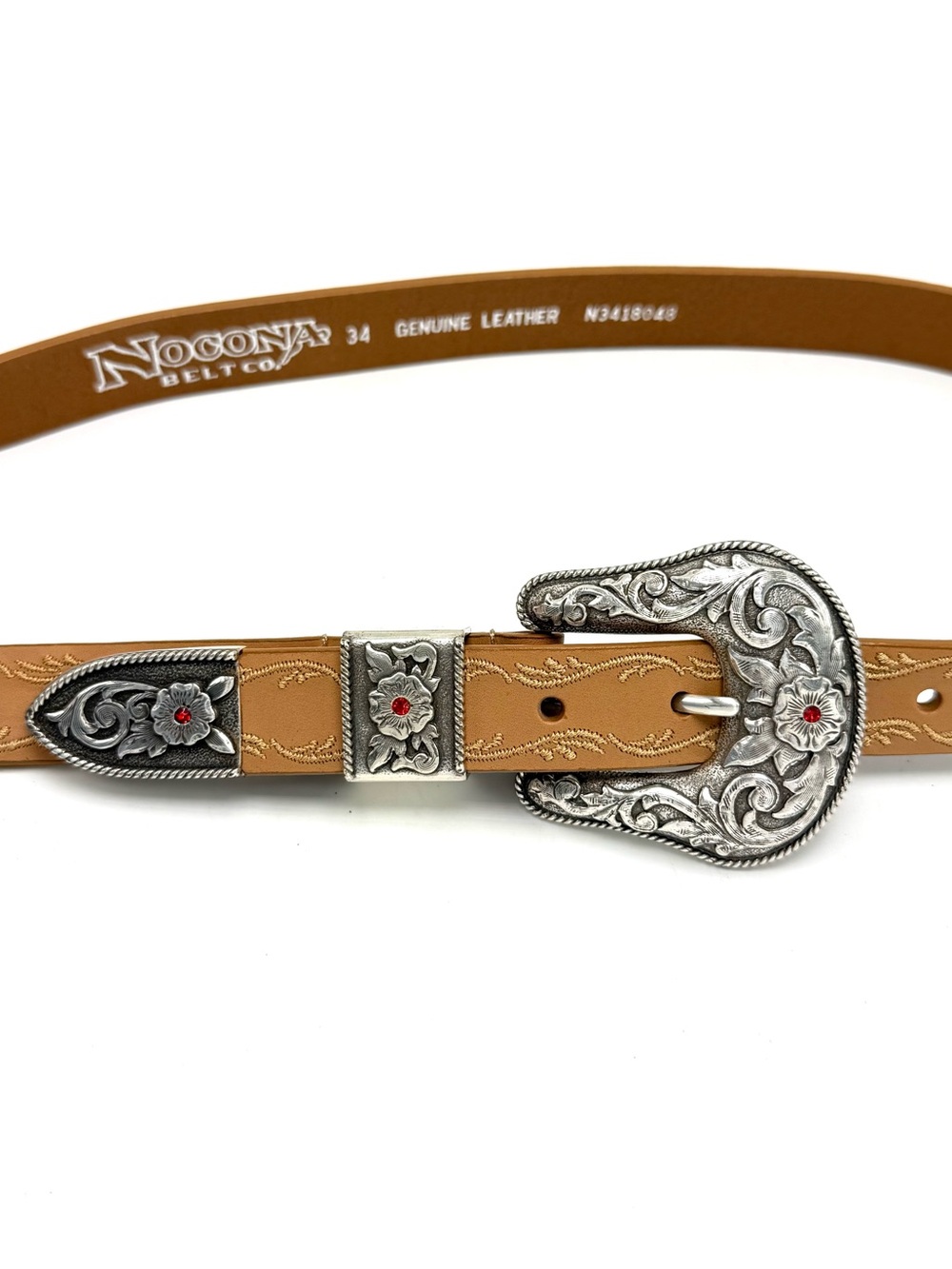 Nocona Brown Leather Western Belt 34 Ornate Buckle Red Rhinestone Embroidered